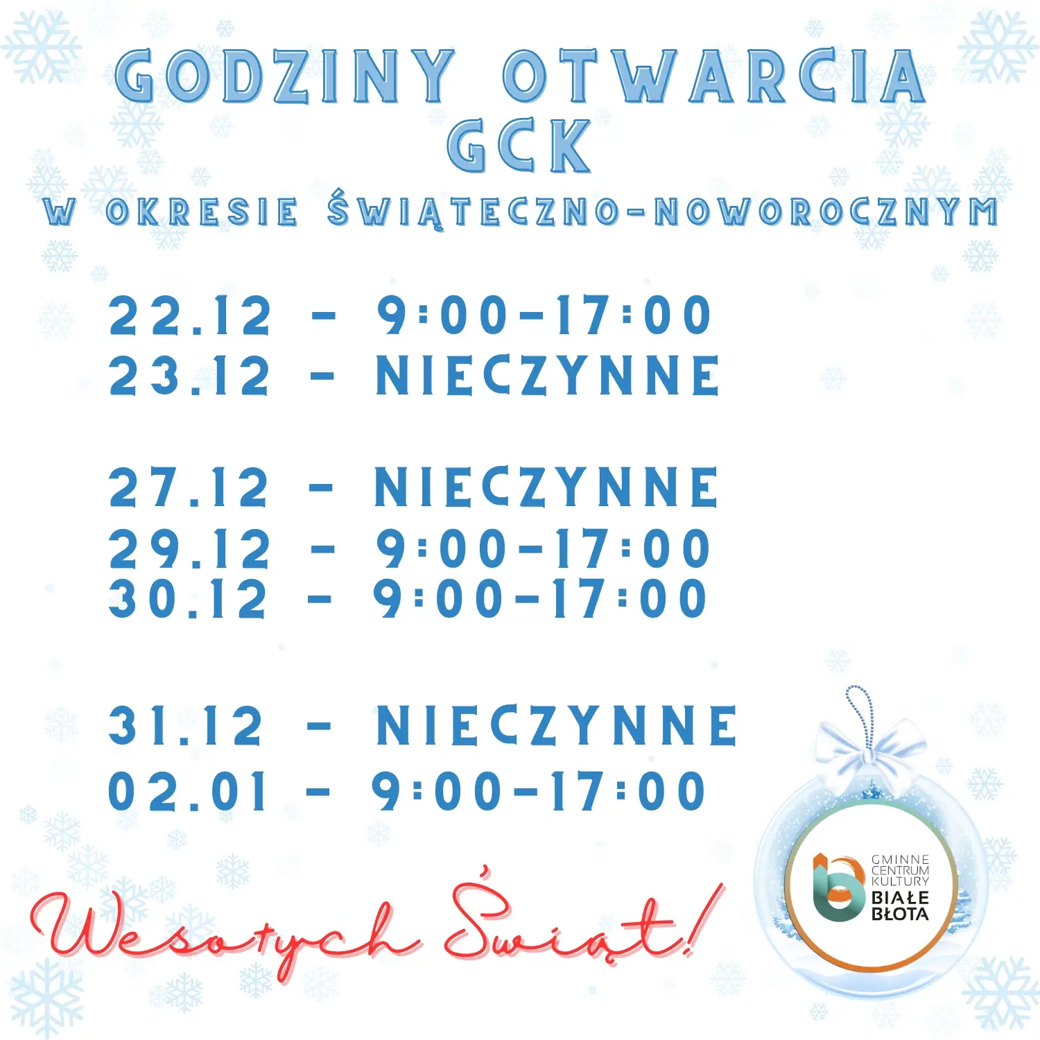 Świąteczne godziny otwarcia GCK