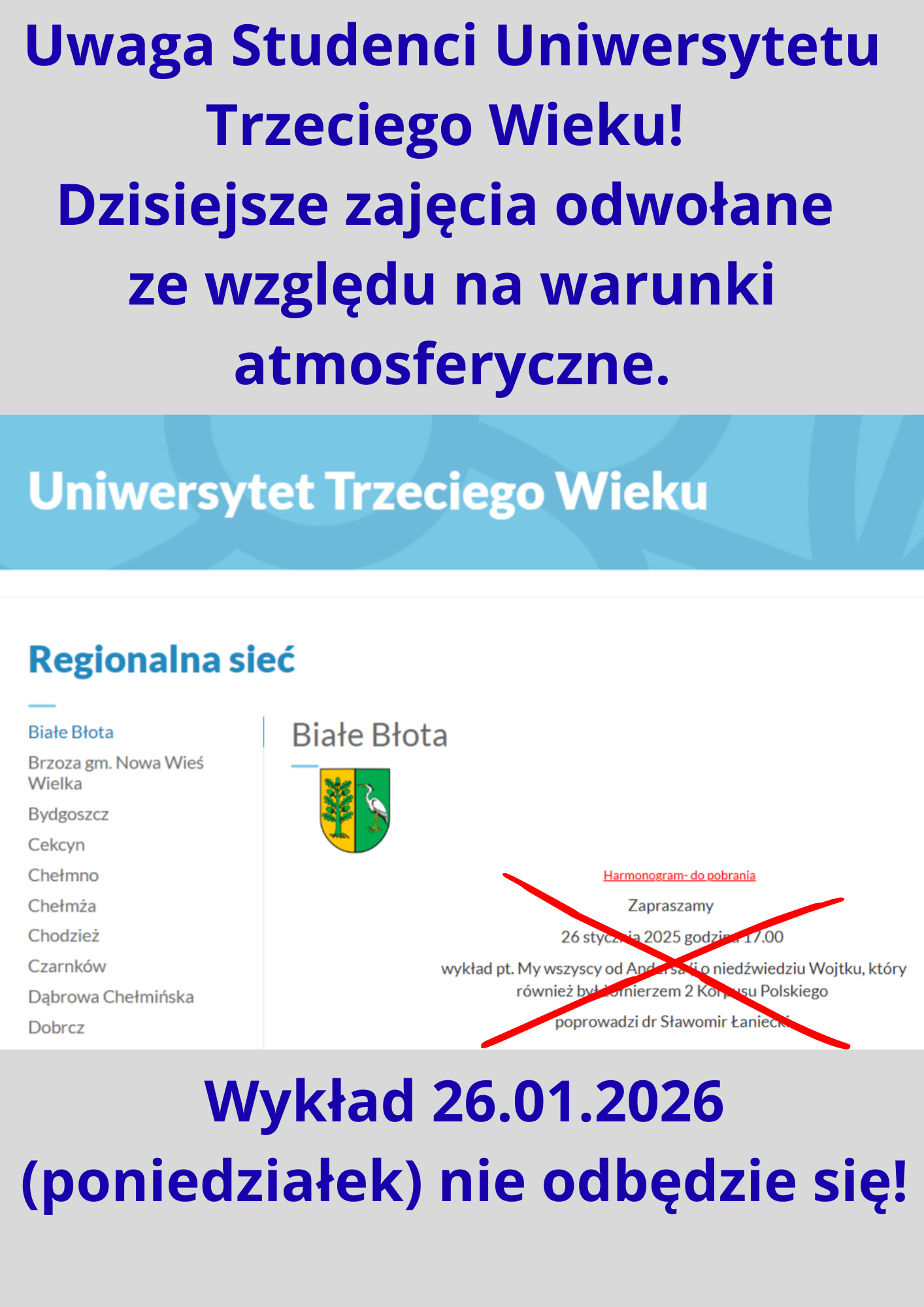 26.01.26 – wykład Uniwersytetu Trzeciego Wieku odwołany!