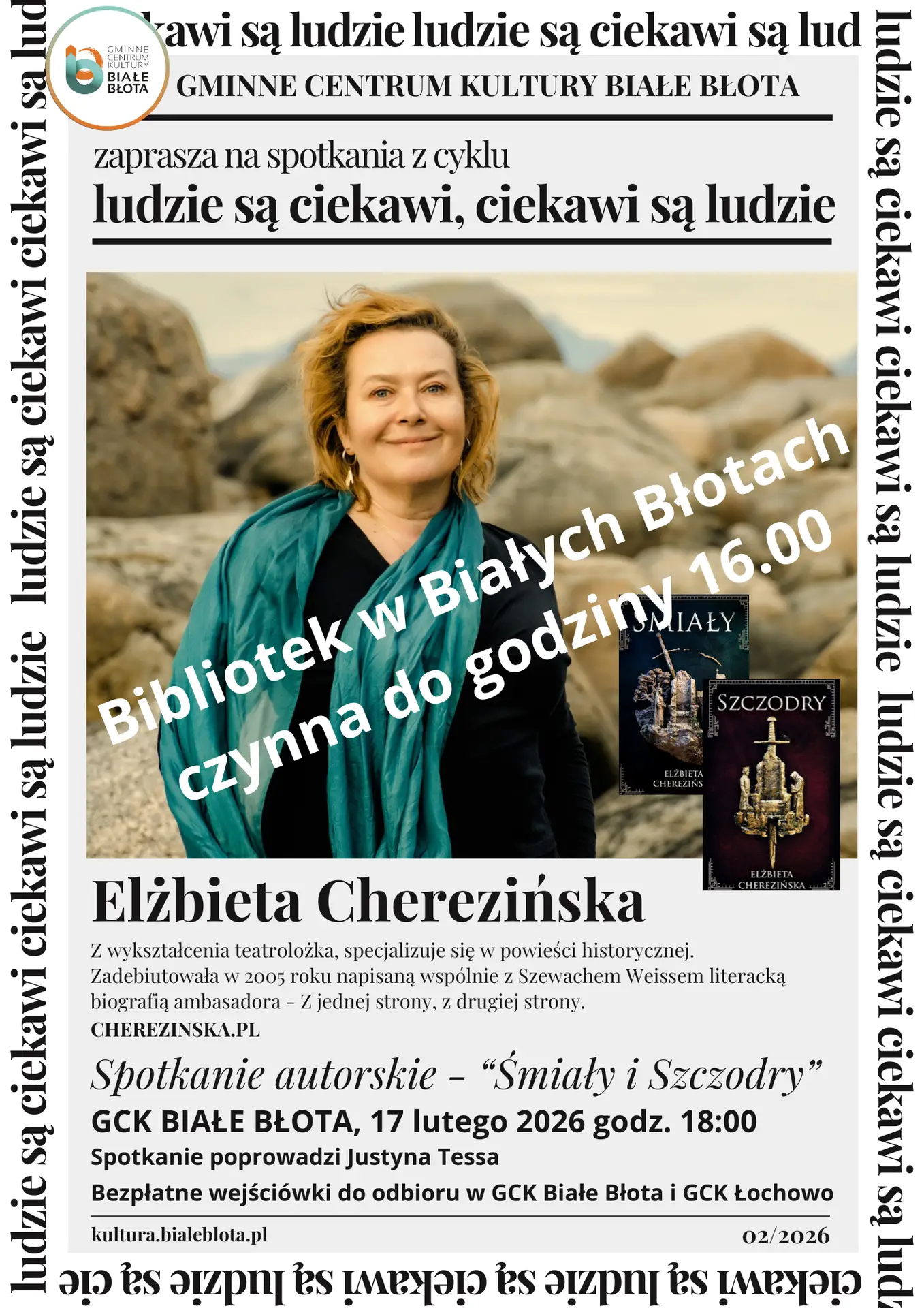17 II 2026 biblioteka w Białych Błotach  czynna do godziny 16.00
